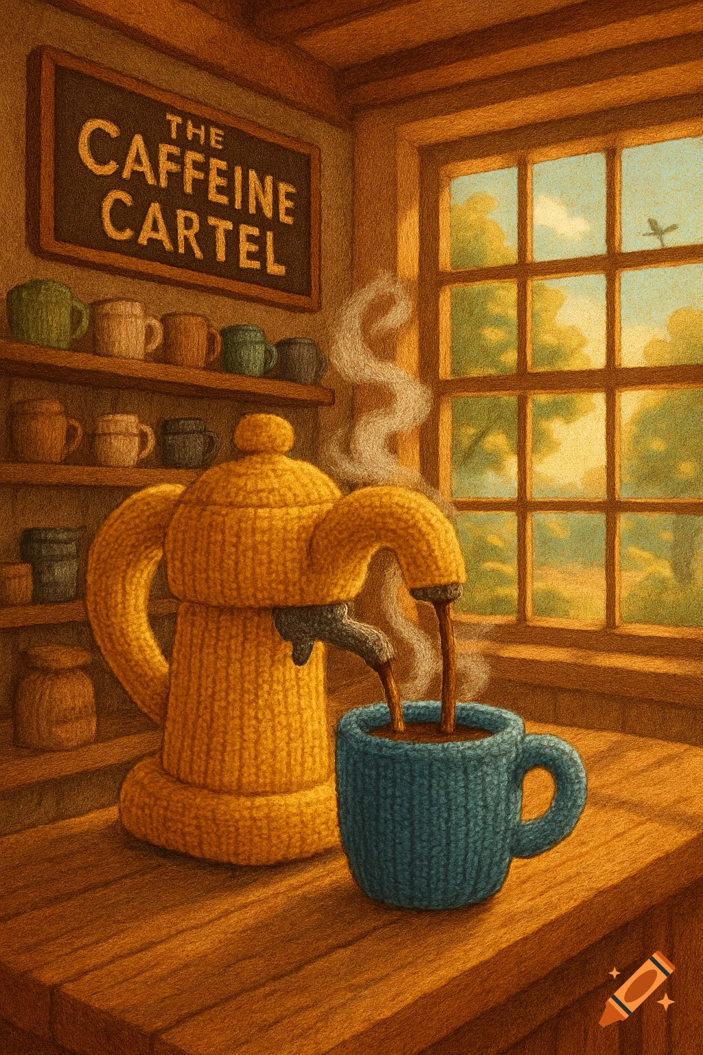 A cozy illustration of a yellow knitted coffee machine pouring coffee into a blue knitted mug, with a sign "THE CAFFEINE CARTEL" and a window view.