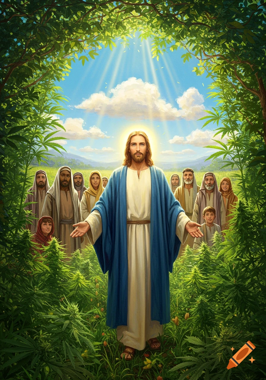 Jesus with a halo and his followers in a lush cannabis field under a sunny sky, illustration.