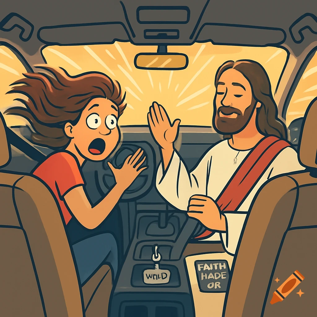 A cartoon of a woman panicking at the steering wheel while Jesus calmly sits beside her, hand raised, in a car.
