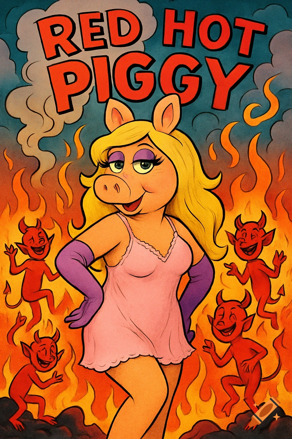 Miss Piggy in a pink slip and long purple gloves, surrounded by cartoon devils and flames, under the text 'RED HOT PIGGY'.