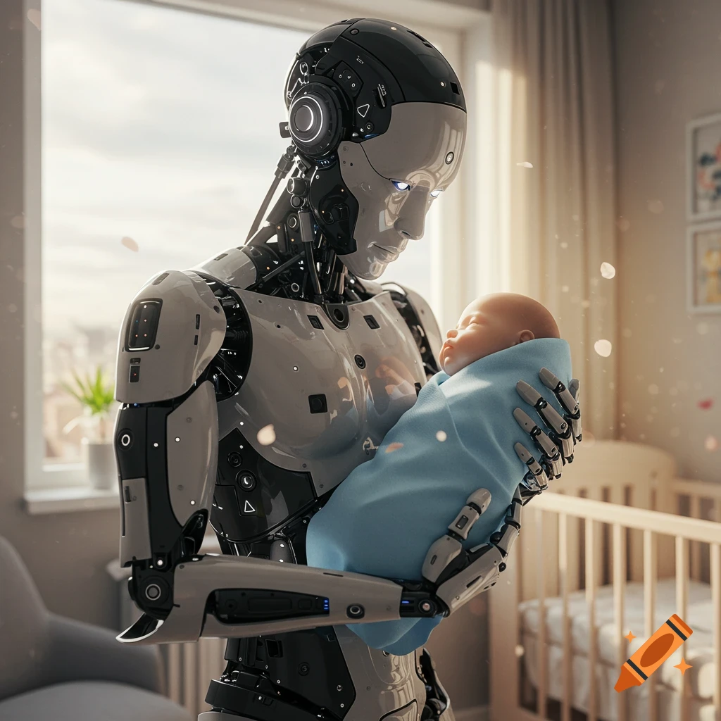 Photorealistic image of a metallic robot gently cradling a swaddled baby in a bright nursery with a crib.