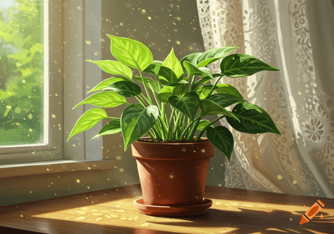 A vibrant green potted plant sits on a wooden windowsill, illuminated by sunbeams filtering through a lace curtain.