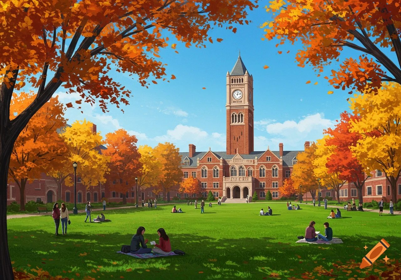 A vibrant illustration of a university campus in autumn, with a prominent clock tower, brick buildings, and students relaxing on a green lawn surrounded by colorful trees.