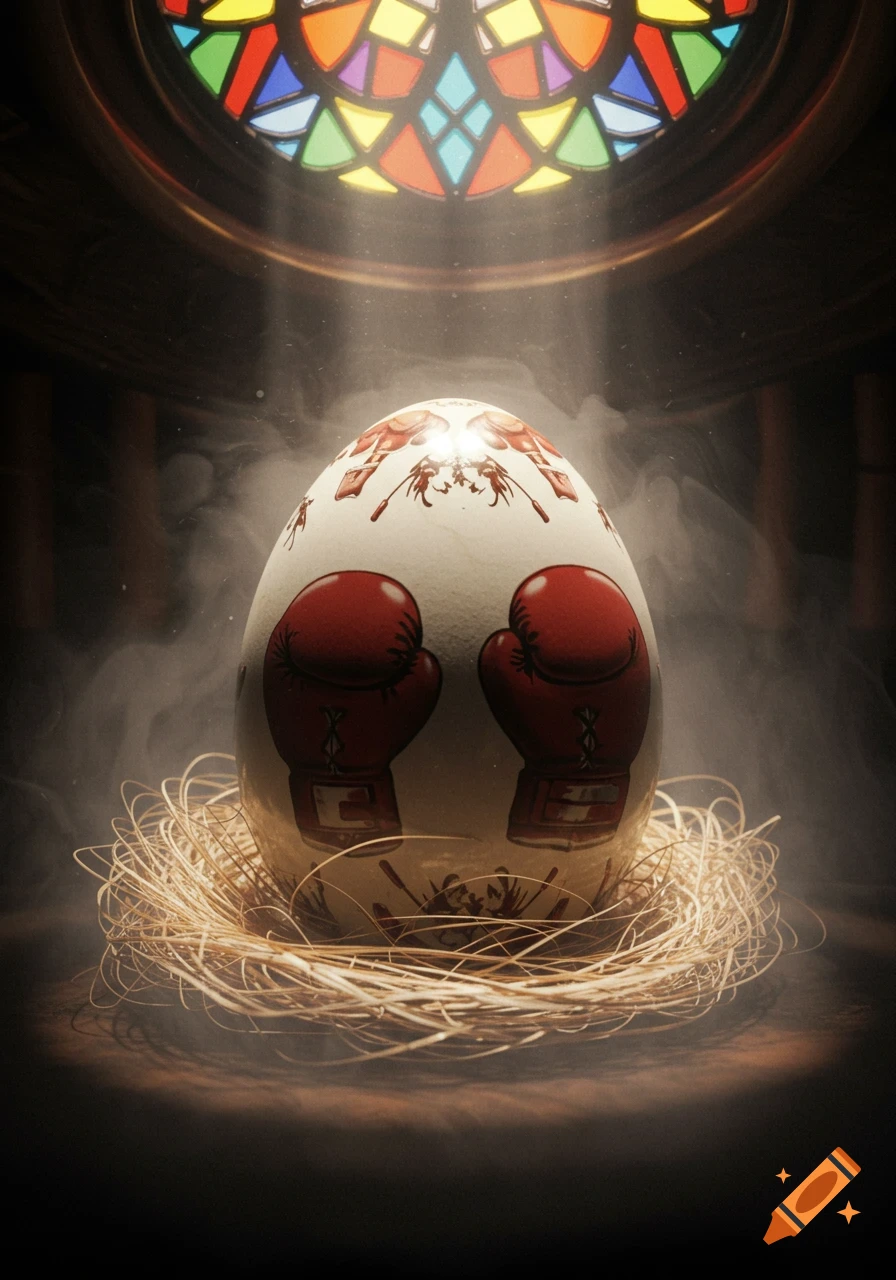 A decorated egg with red boxing gloves sits in a straw nest, bathed in light from a stained glass window above.