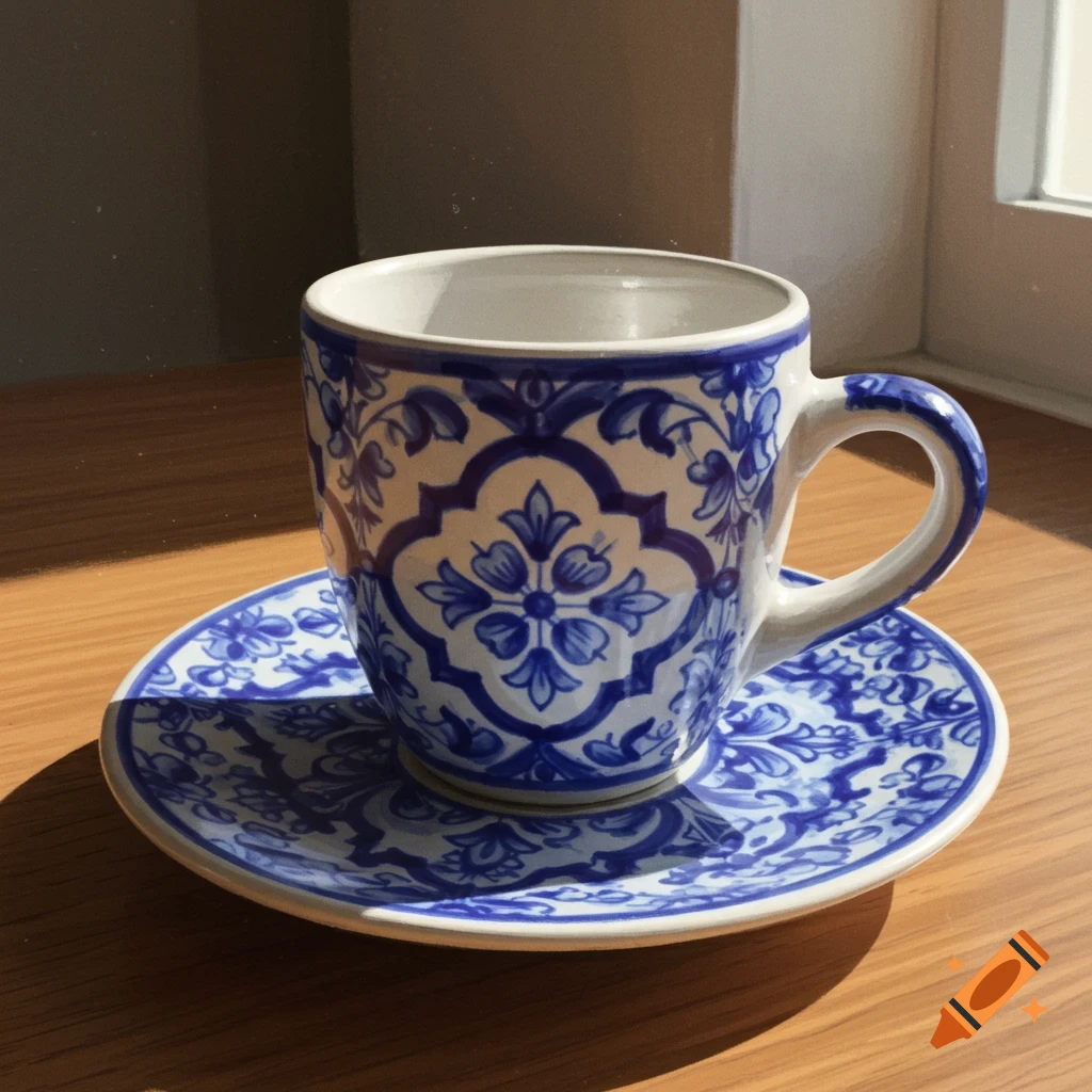 A white espresso cup and saucer with intricate blue Portuguese ceramic patterns sits on a sunlit wooden table.