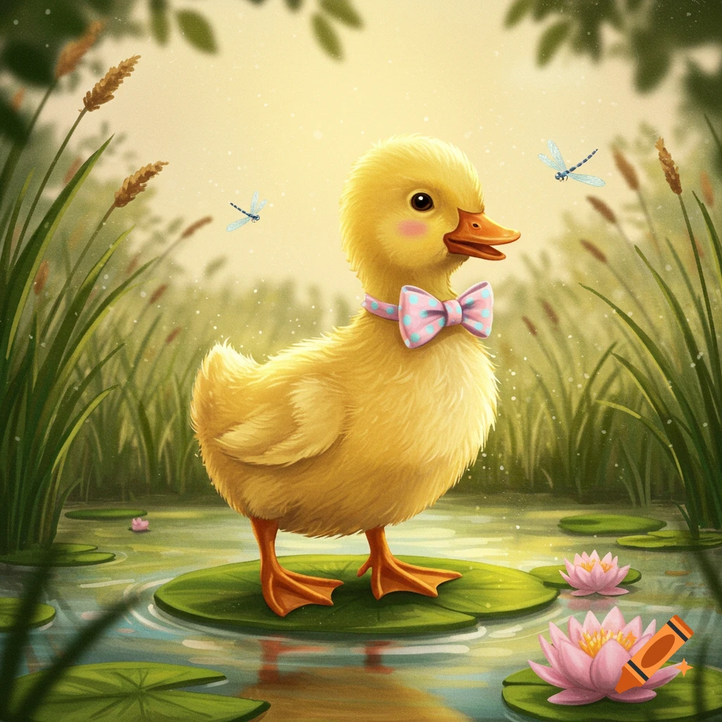A fluffy yellow duckling with a pink and blue bow tie stands on a lily pad in a pond with pink water lilies.