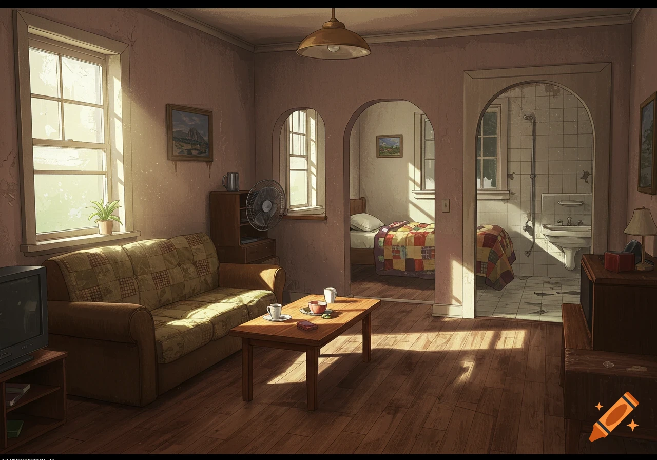 Anime-style interior of a small, sunlit, old-fashioned apartment living room, bedroom, and bathroom.