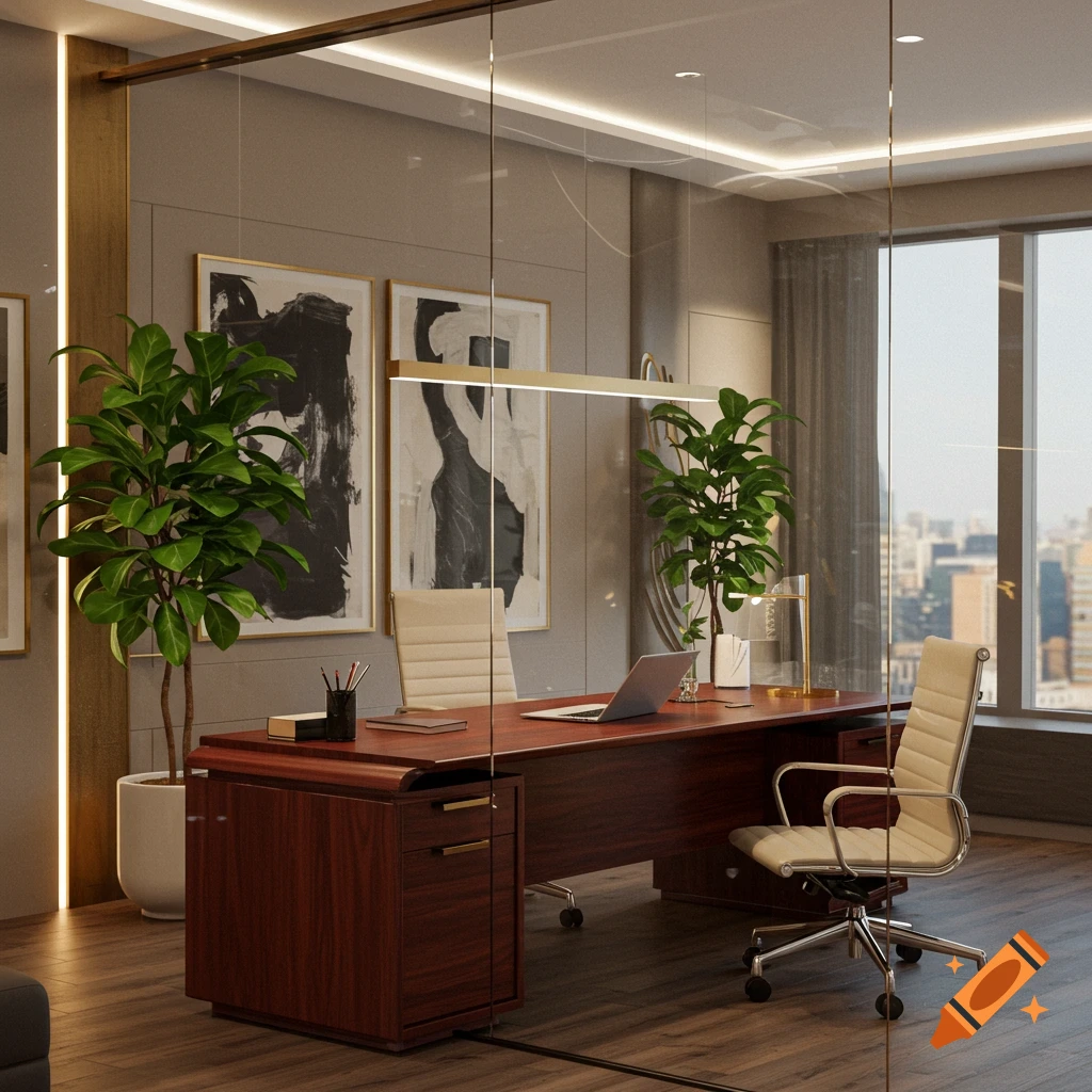 A modern, well-lit executive office with a dark wood desk, two cream chairs, potted plants, abstract art, and a city view.