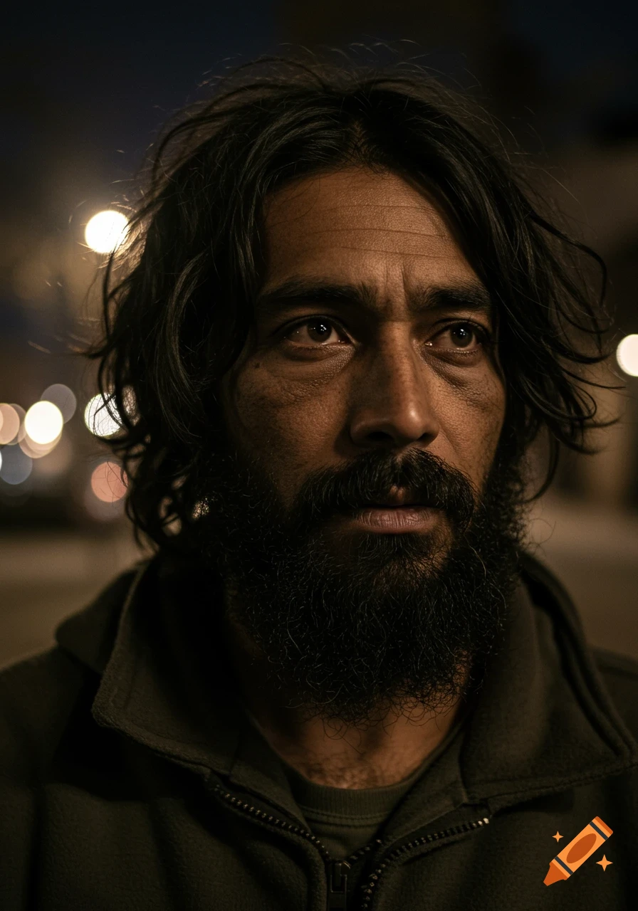 Close-up portrait of a man with dark hair and a full beard, looking up in a low-light setting with blurred background lights.