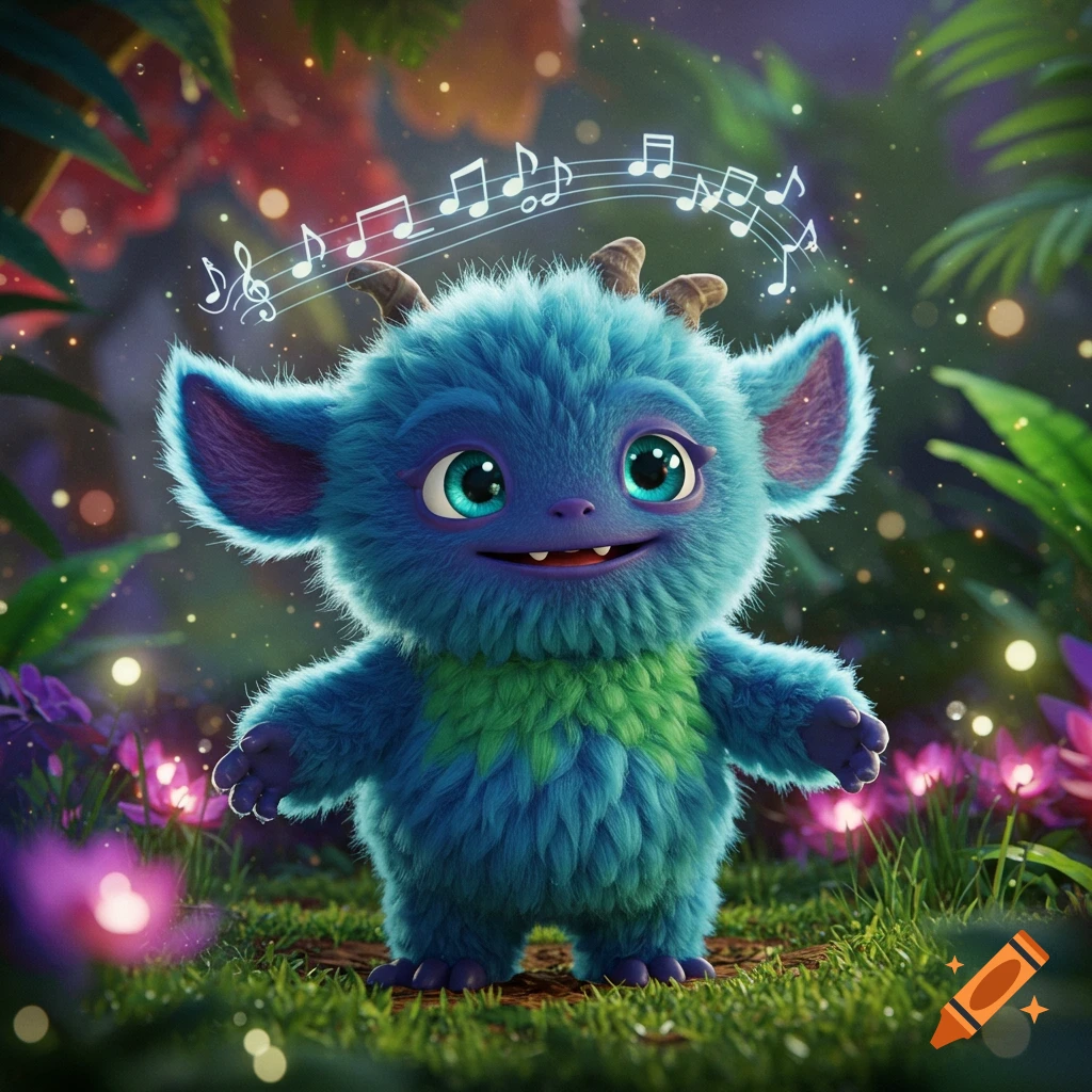 A cute, fluffy blue monster with big turquoise eyes and small horns stands in a lush, magical forest with musical notes above its head. Digital art.
