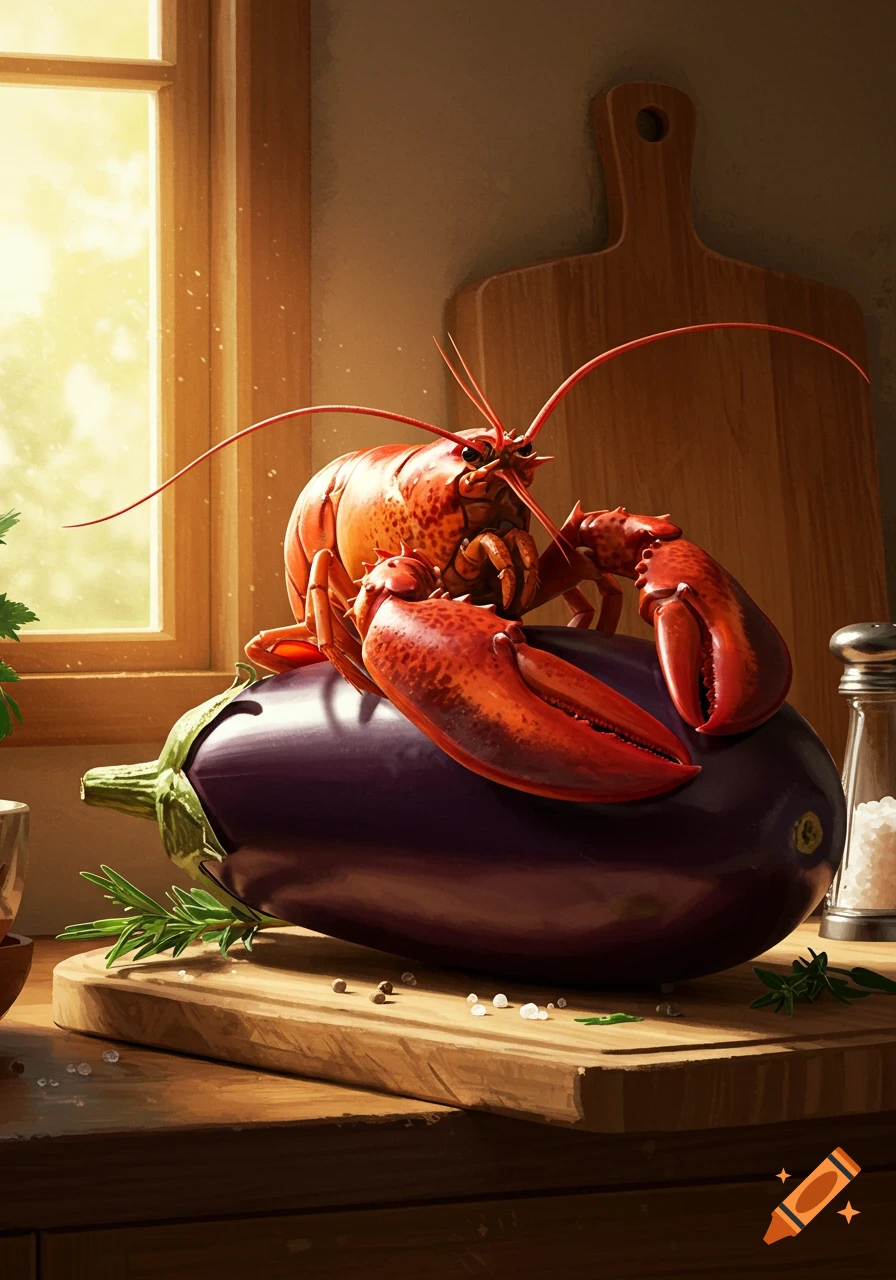 A vibrant red lobster rests on a large purple eggplant on a wooden cutting board in a sunlit kitchen.