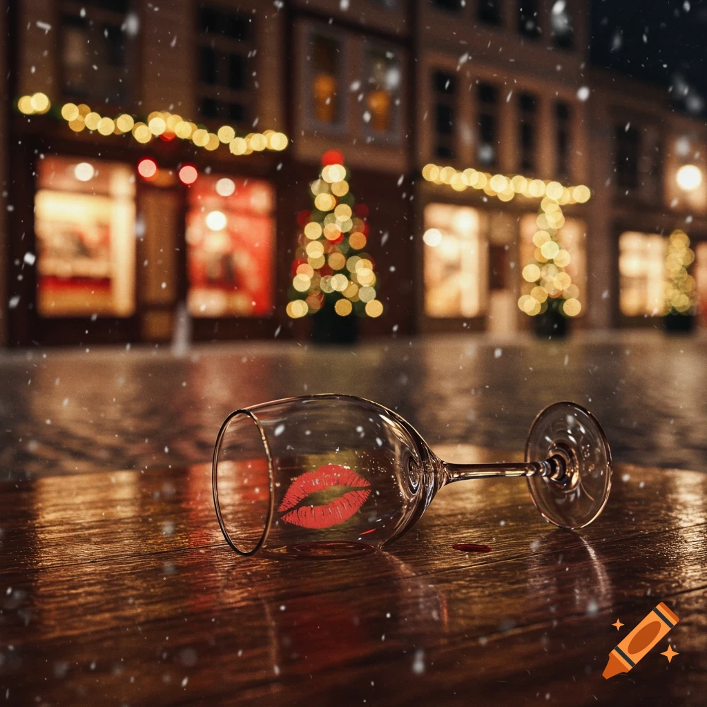 Close-up of an empty wine glass with a red lipstick mark, lying on a wet wooden surface during a snowy Christmas night with blurred city lights.
