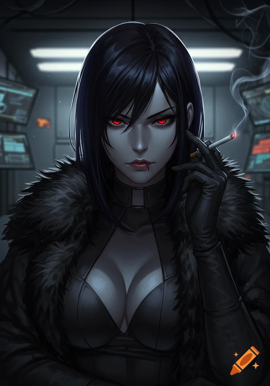 An anime woman with short black hair, crimson eyes, and a black fur coat, smoking a cigarette in a dark, techy room.
