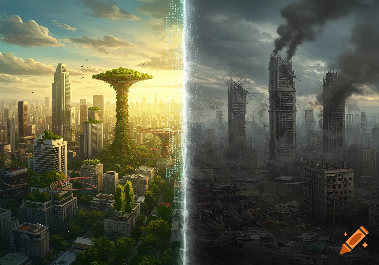 A city divided vertically into two halves: one side a vibrant, green, futuristic metropolis under a sunny sky, the other a dark, ruined, polluted cityscape under a stormy sky, separated by a digital light beam.