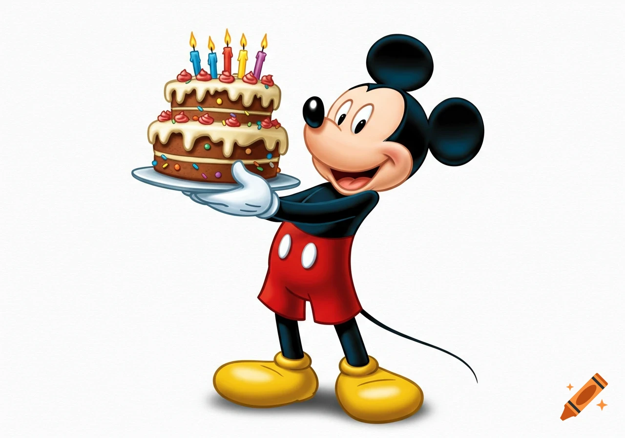 Mickey Mouse, a cheerful cartoon character, holds a two-tiered birthday cake with lit candles on a white background.