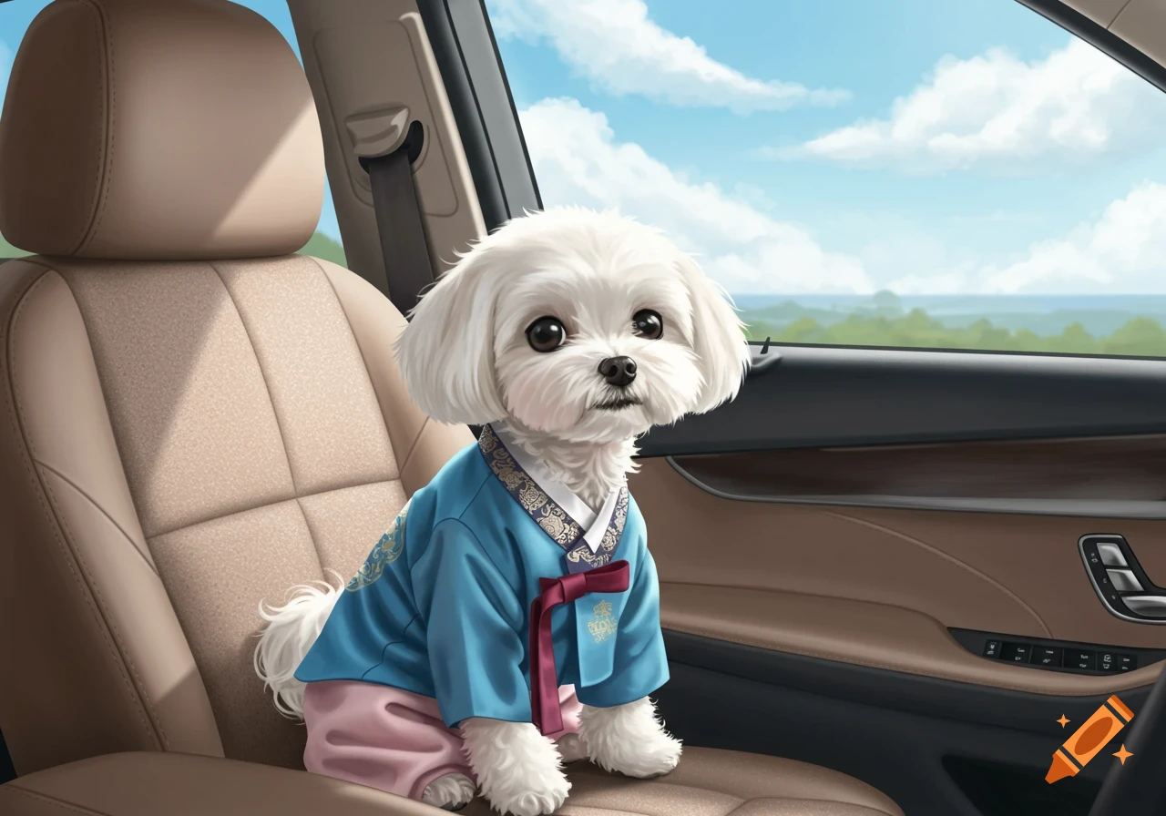 A cute white Maltese dog wearing a blue and pink hanbok with a maroon bow, sitting in a car's passenger seat.