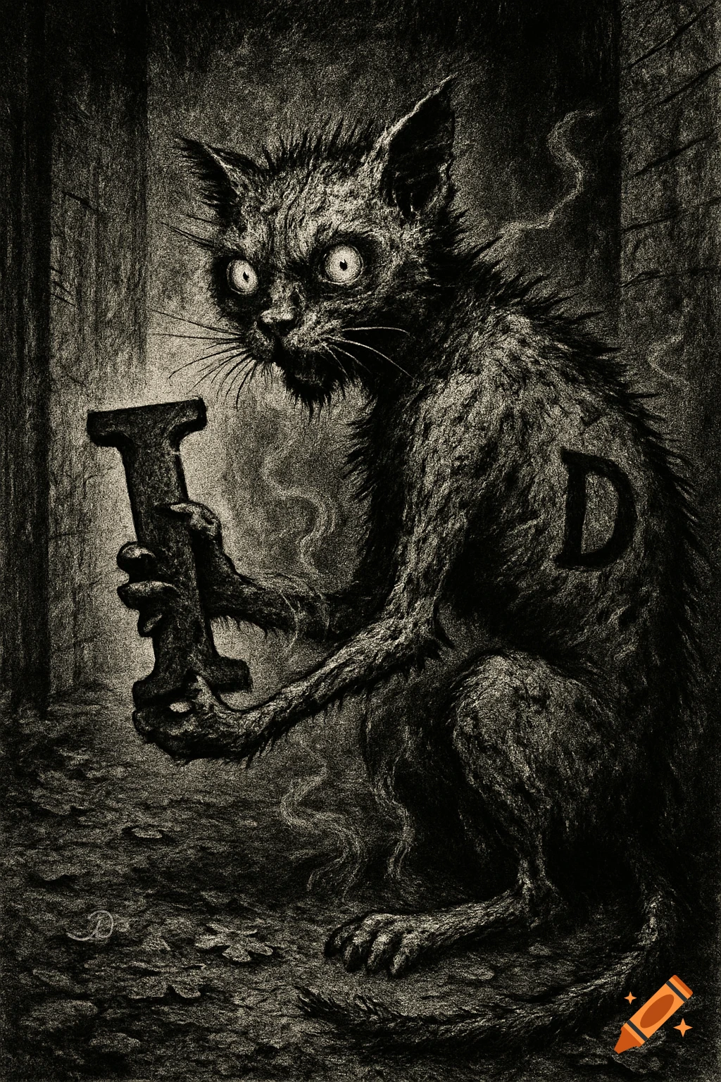 A grotesque, black and white drawing of a matted cat with wide eyes, holding a capital 'I', with a 'D' on its body, in a dark setting.