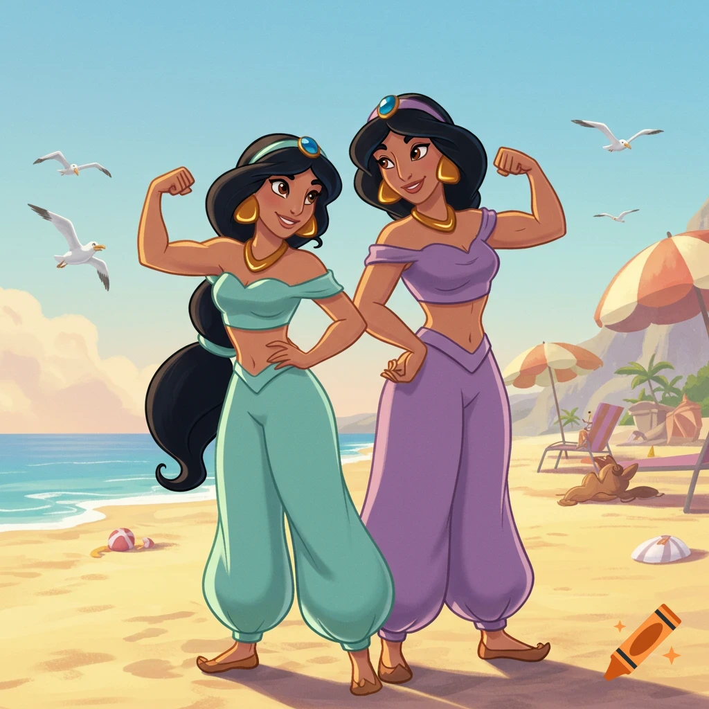 Two muscular cartoon women resembling Jasmine flex their biceps on a sunny beach.