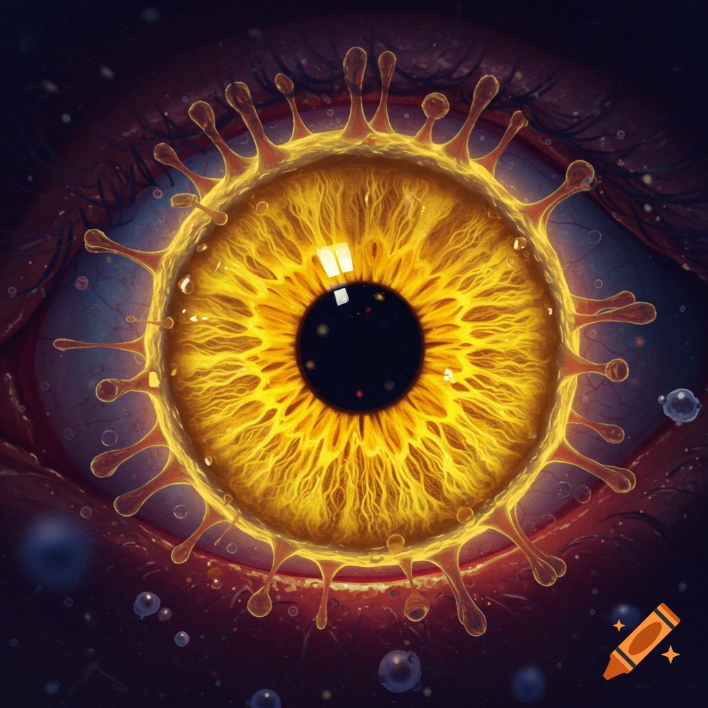 A close-up digital art image of an eye with a yellow, spiky, virus-shaped iris and a dark pupil, against a bloodshot sclera and dark background.