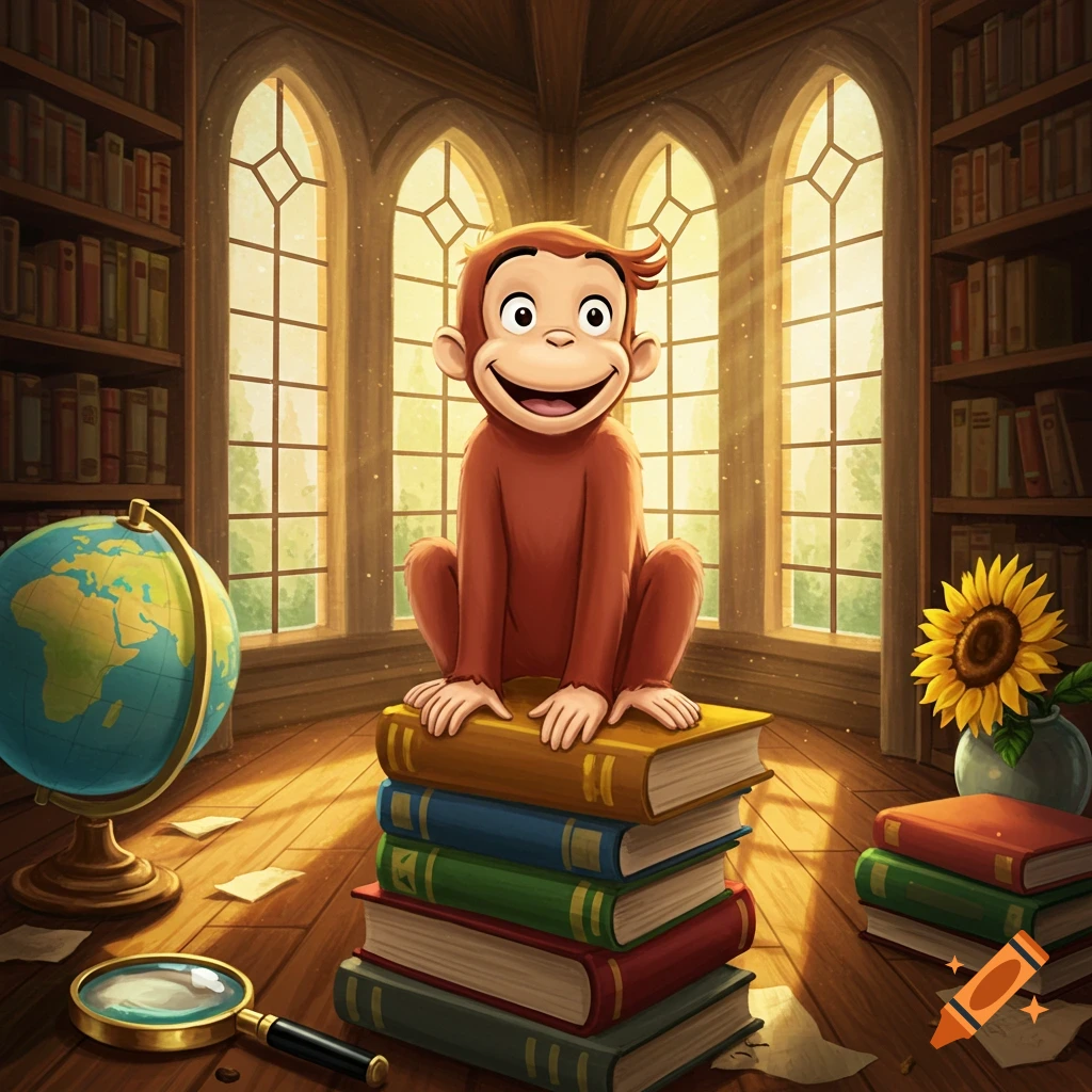 A cartoon monkey, Curious George, sits atop a stack of books in a sunlit library with a globe and magnifying glass nearby.