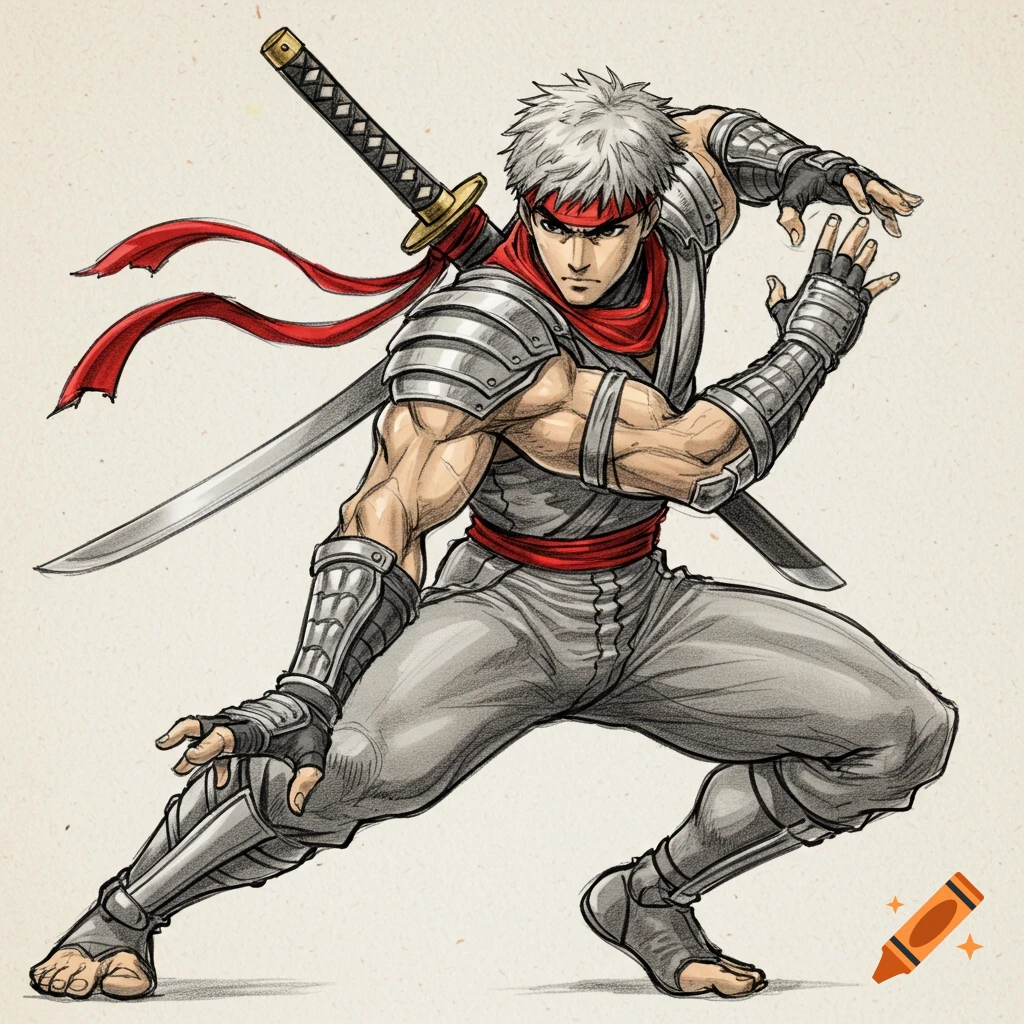 Pencil sketch illustration of a male ninja, Ryu Hayabusa, in a dynamic pose with a katana, red headband and scarf, and metallic armor highlights.
