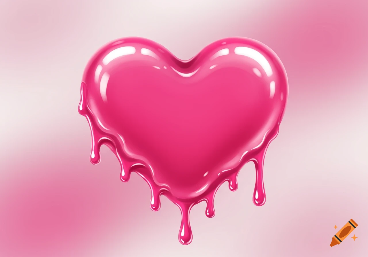 A glossy fuchsia pink heart melting and dripping with pink liquid, like a marmalade candy, on a gradient pink background.
