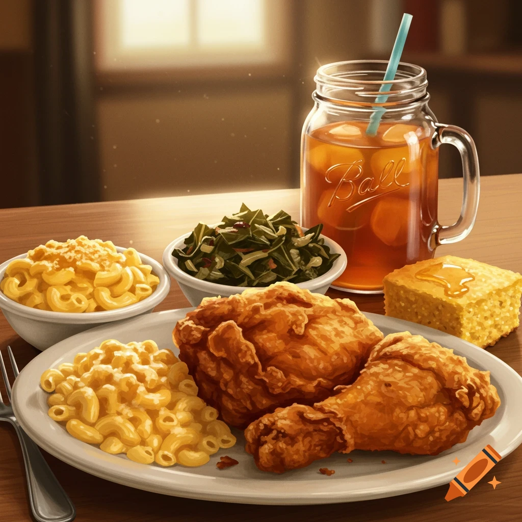 A plate of fried chicken and mac and cheese with sides of collard greens, cornbread, and iced tea.