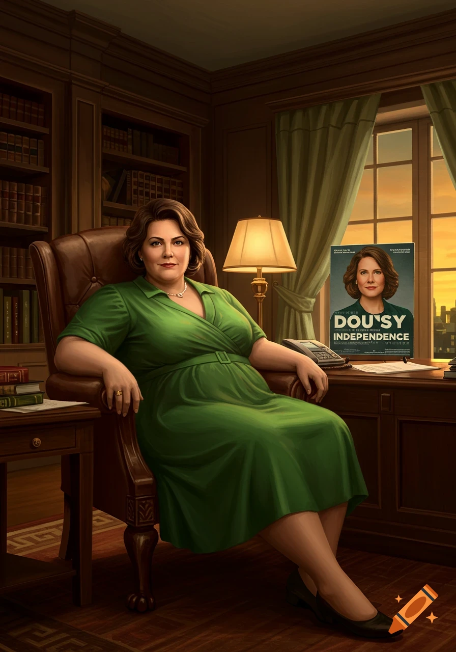 A woman in a green dress sits in an armchair in an elegant office, a political poster with her face and 'DOU'SY INDEPENDENCE' on the desk.
