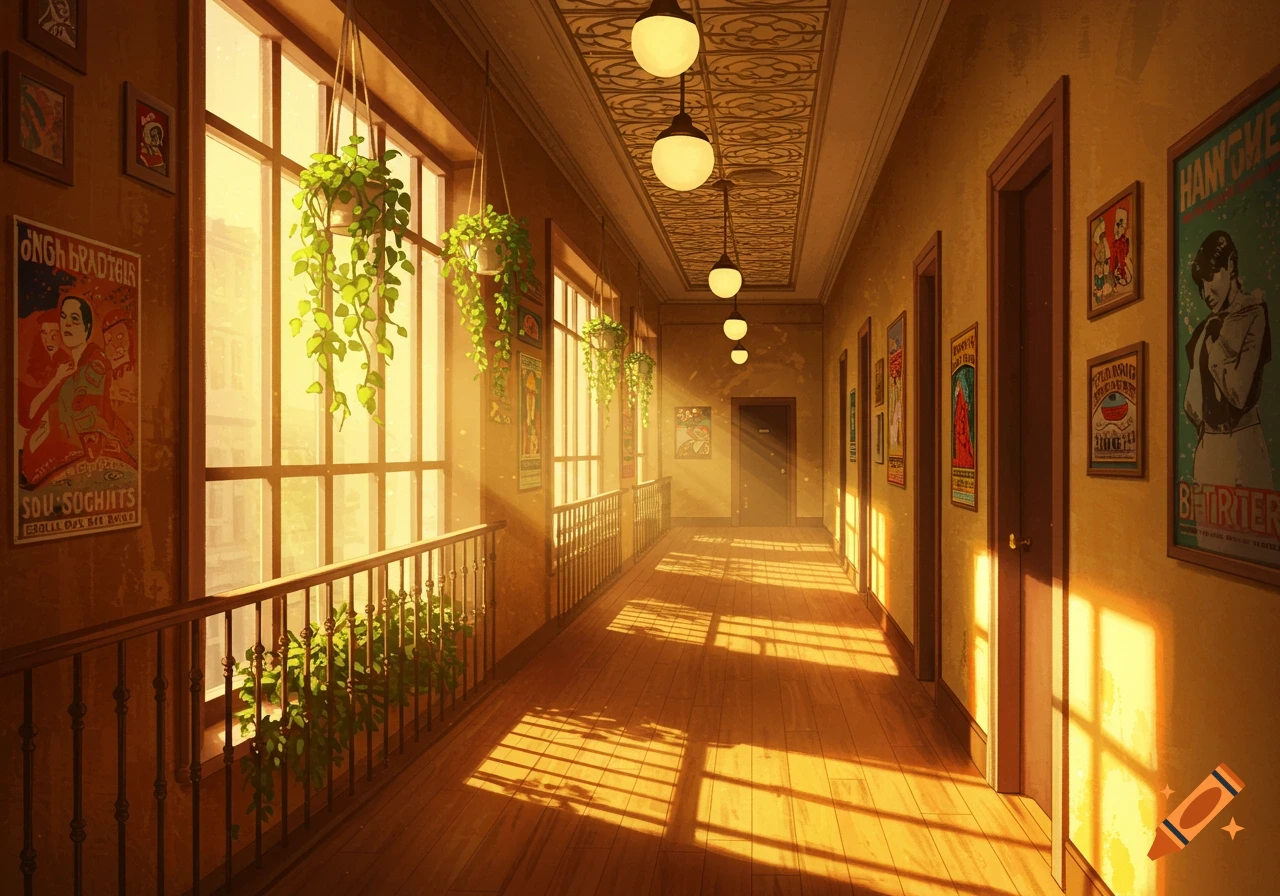 A brightly lit hostel hallway with large windows, hanging plants, wooden floors, and posters on the walls, bathed in warm sunlight.