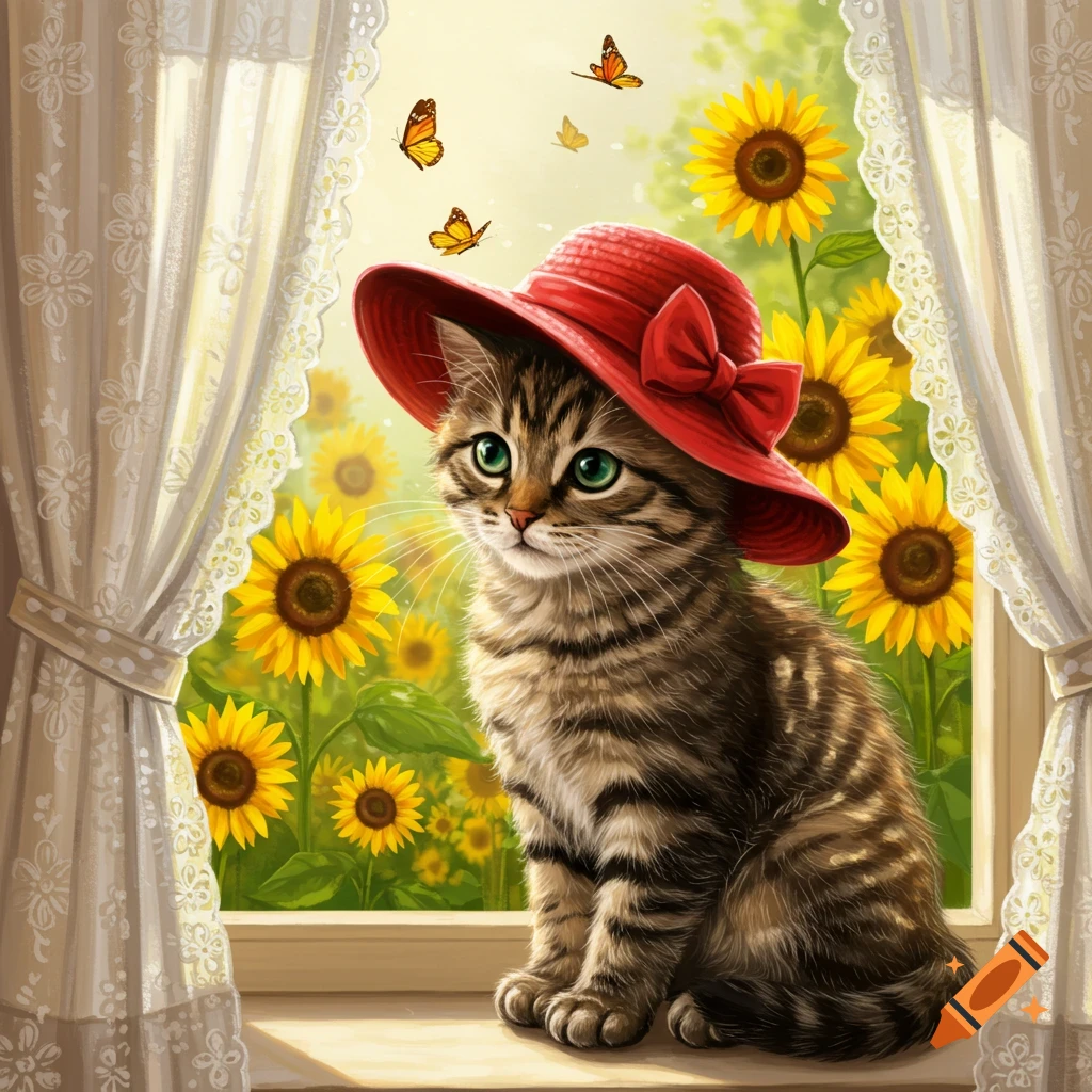 A cute tabby cat in a red sun hat sits on a sunlit windowsill, looking out at a field of bright sunflowers and butterflies.