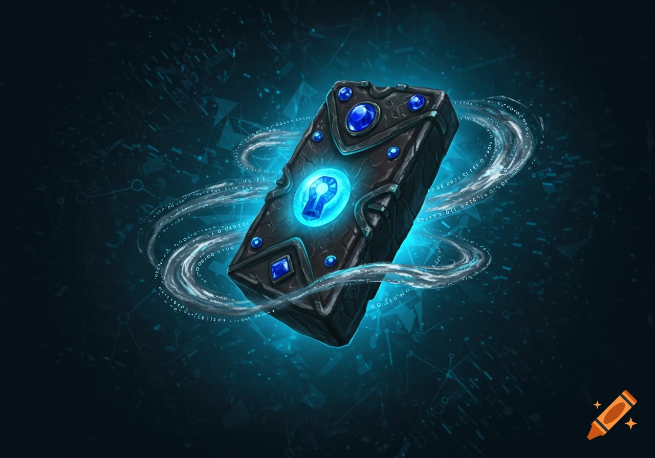 A glowing black amulet adorned with blue gems and a keyhole, surrounded by swirling binary code, against a dark, abstract digital background.