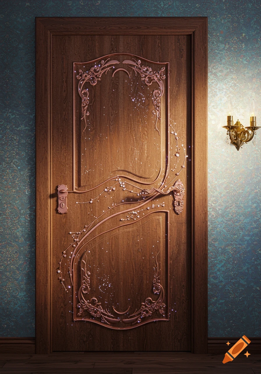 An ornate antique wooden door with glowing rose gold floral inlays and crystals, against a patterned wall with a golden sconce.