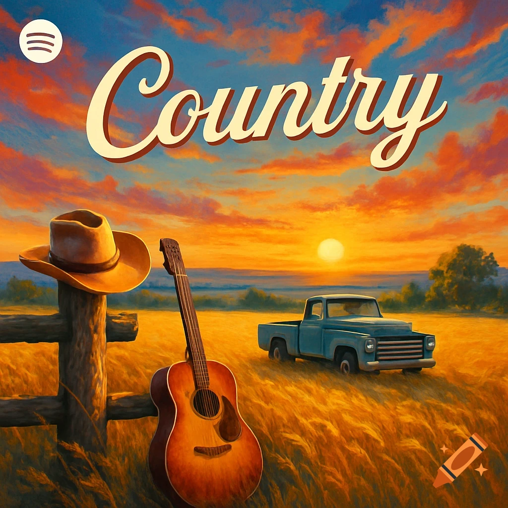 Painterly sunset with a cowboy hat, acoustic guitar, vintage pickup truck in a field, 'Country' text, and Spotify logo.