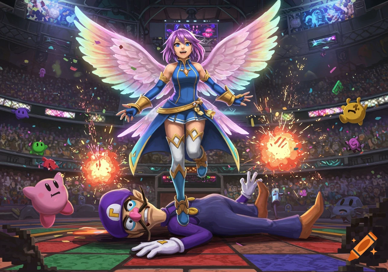 A winged anime girl with purple hair in a blue dress stands over a defeated Waluigi in a crowded fighting arena, with Kirby watching.