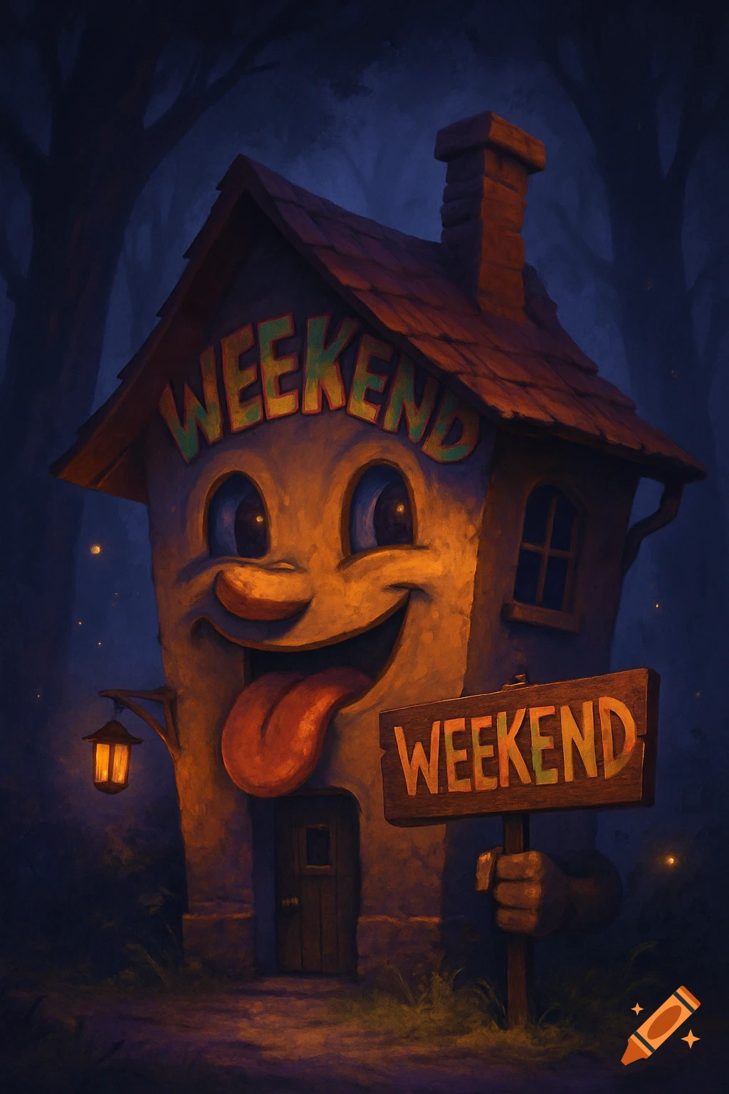 A whimsical cartoon house with a smiling face and tongue out, featuring 'WEEKEND' on its forehead and holding a 'WEEKEND' sign, in a dark forest at night.