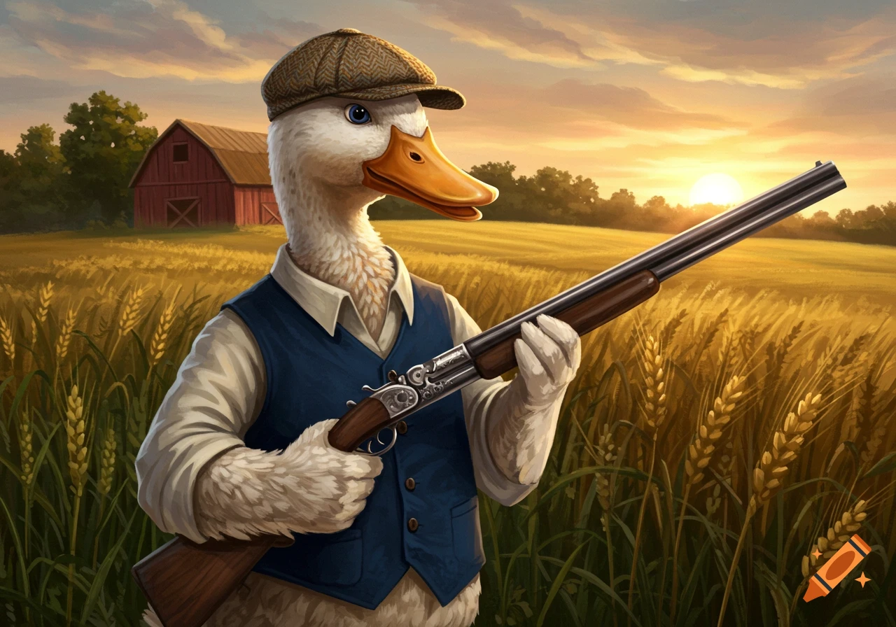 An anthropomorphic duck in a vest and flat cap holds a shotgun in a golden wheat field at sunset with a barn in the distance.