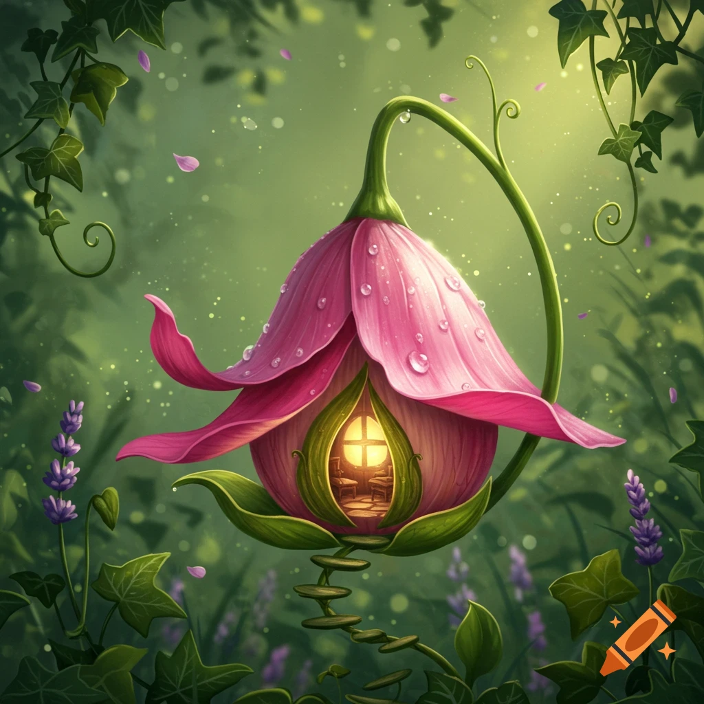 A whimsical pink flower fairy house with a glowing interior, hanging from a green stem amidst lush forest foliage with dew drops.