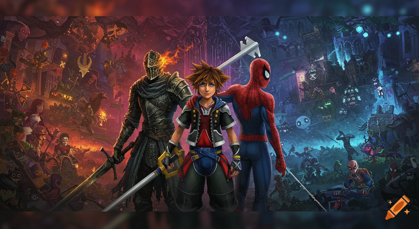 Sora stands between a Dark Souls knight and Spider-Man in a detailed video game crossover art piece with a fiery left side and a blue-toned right side, filled with many game references.