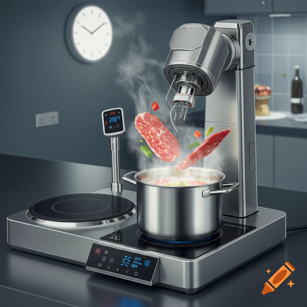 A futuristic robotic kitchen appliance with a smart hot plate and an arm dropping meat into a steaming pot.