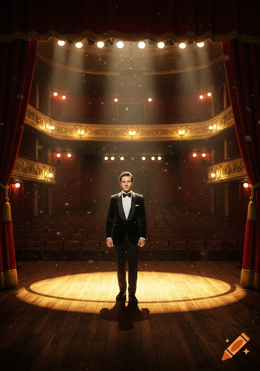 A man in a black tuxedo stands alone in a spotlight on a grand theater stage with red curtains and empty seats.
