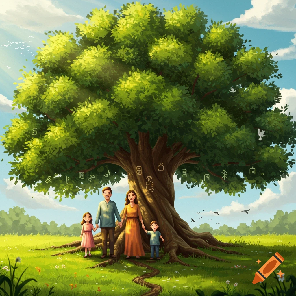 An illustrated family stands holding hands under a large, lush green tree in a bright grassy field under a blue sky.