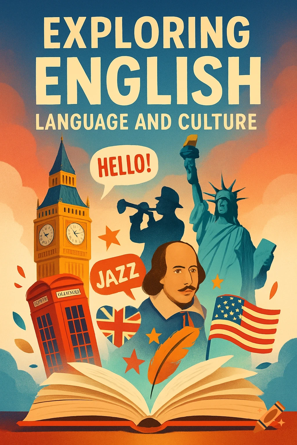 A colorful retro-style book cover titled 'Exploring English Language and Culture', featuring landmarks like Big Ben, a red phone booth, and the Statue of Liberty, along with a feather, a Union Jack heart, an American flag, Shakespeare, and a jazz musician over an open book.