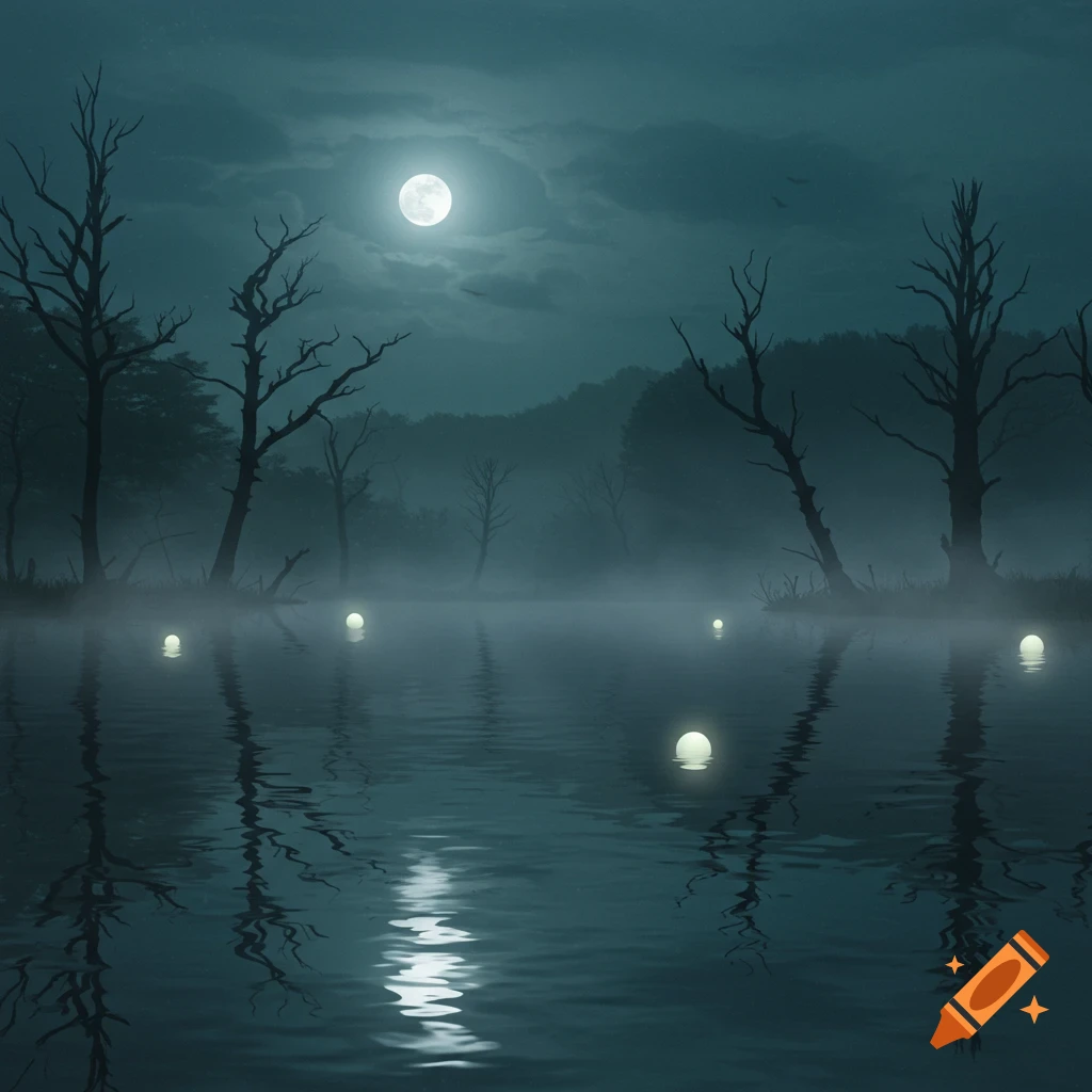 Misty lake at night with bare trees, glowing orbs floating on the water, and a bright full moon in a dark sky.