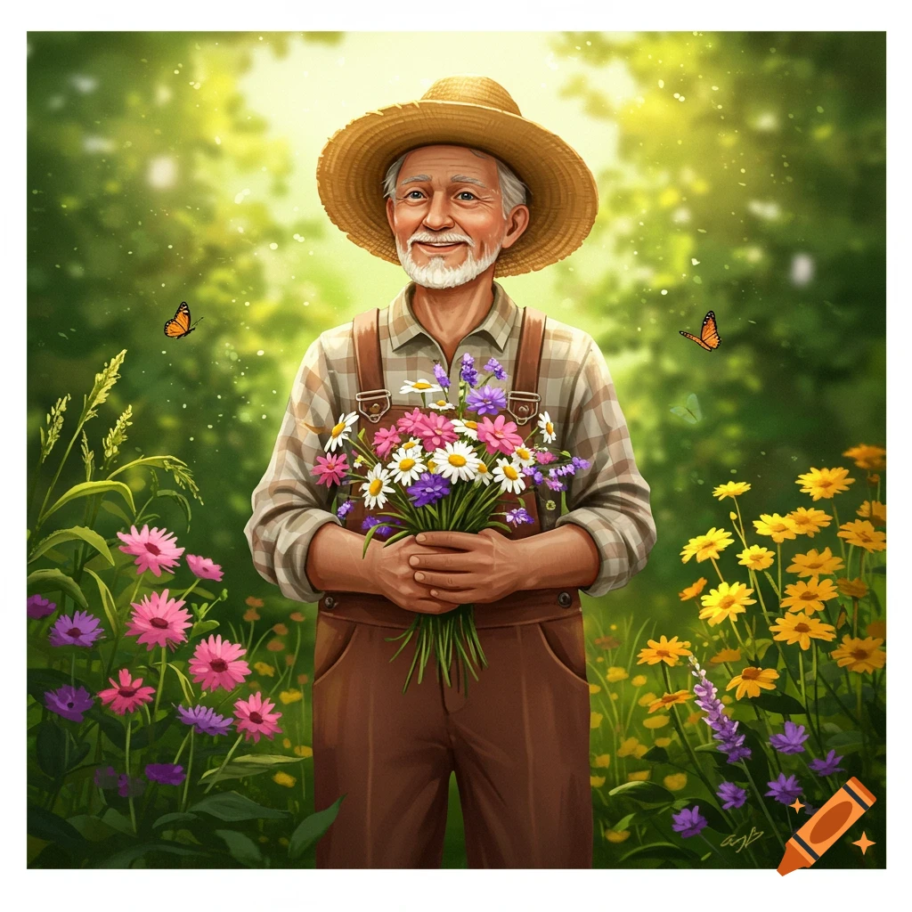 Smiling old gardener in a straw hat holds colorful flowers in a sunny, vibrant garden illustration.