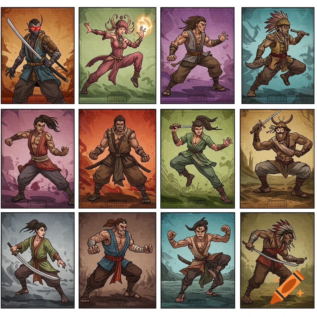 Twelve stylized comic book characters, male and female, in diverse martial arts and combat poses, each in a colored panel.