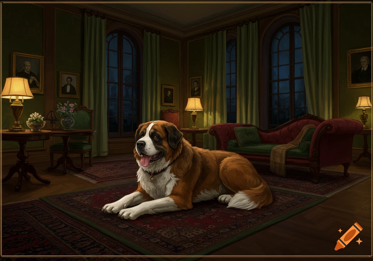 A large, brown and white St. Bernard dog lies on an ornate rug in a grand, dimly lit Victorian living room with green walls and antique furniture.