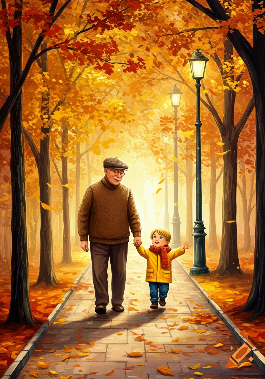 An illustration of a grandpa and his grandson walking hand-in-hand down a path in an autumn park with golden trees and falling leaves.