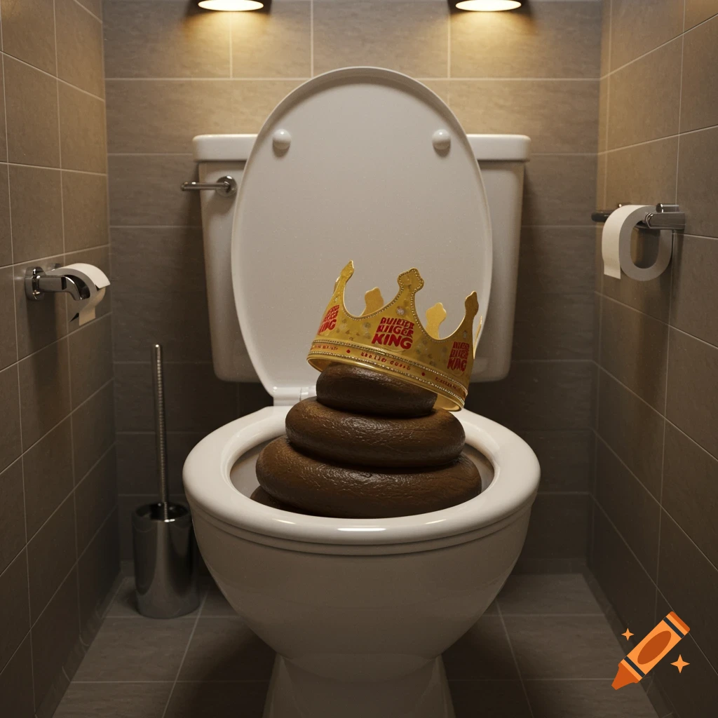 A toilet contains a large turd wearing a Burger King crown, with toilet paper and a brush nearby in a bathroom.