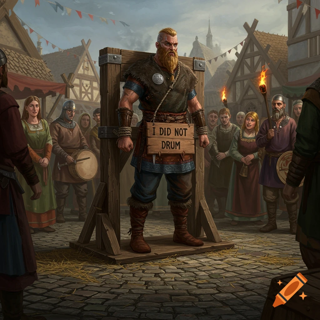 A bearded Viking man in a pillory in a medieval town square, wearing a sign that reads 'I DID NOT DRUM'.