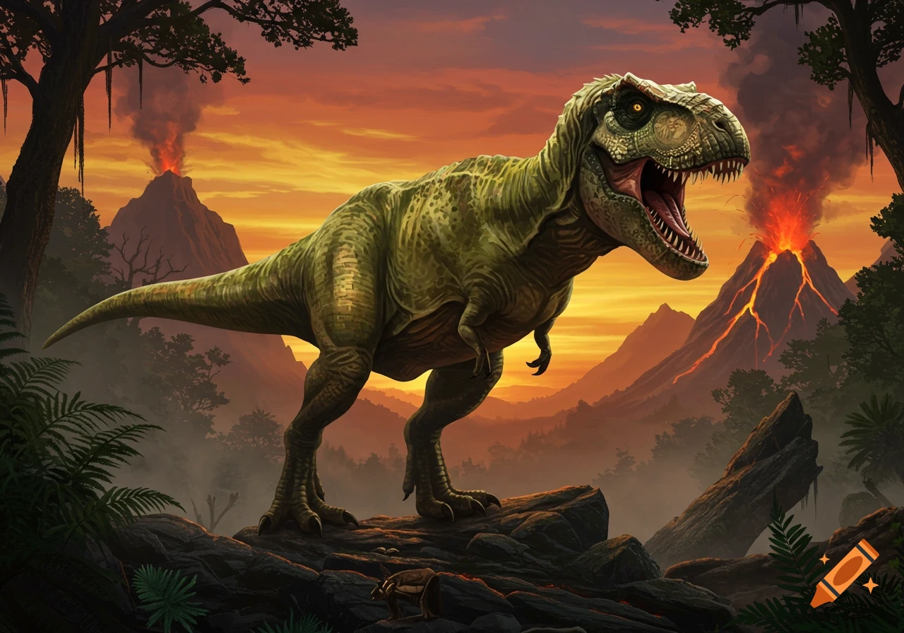 A powerful green Tyrannosaurus Rex roars in a prehistoric landscape with erupting volcanoes and dense foliage under an orange sky.